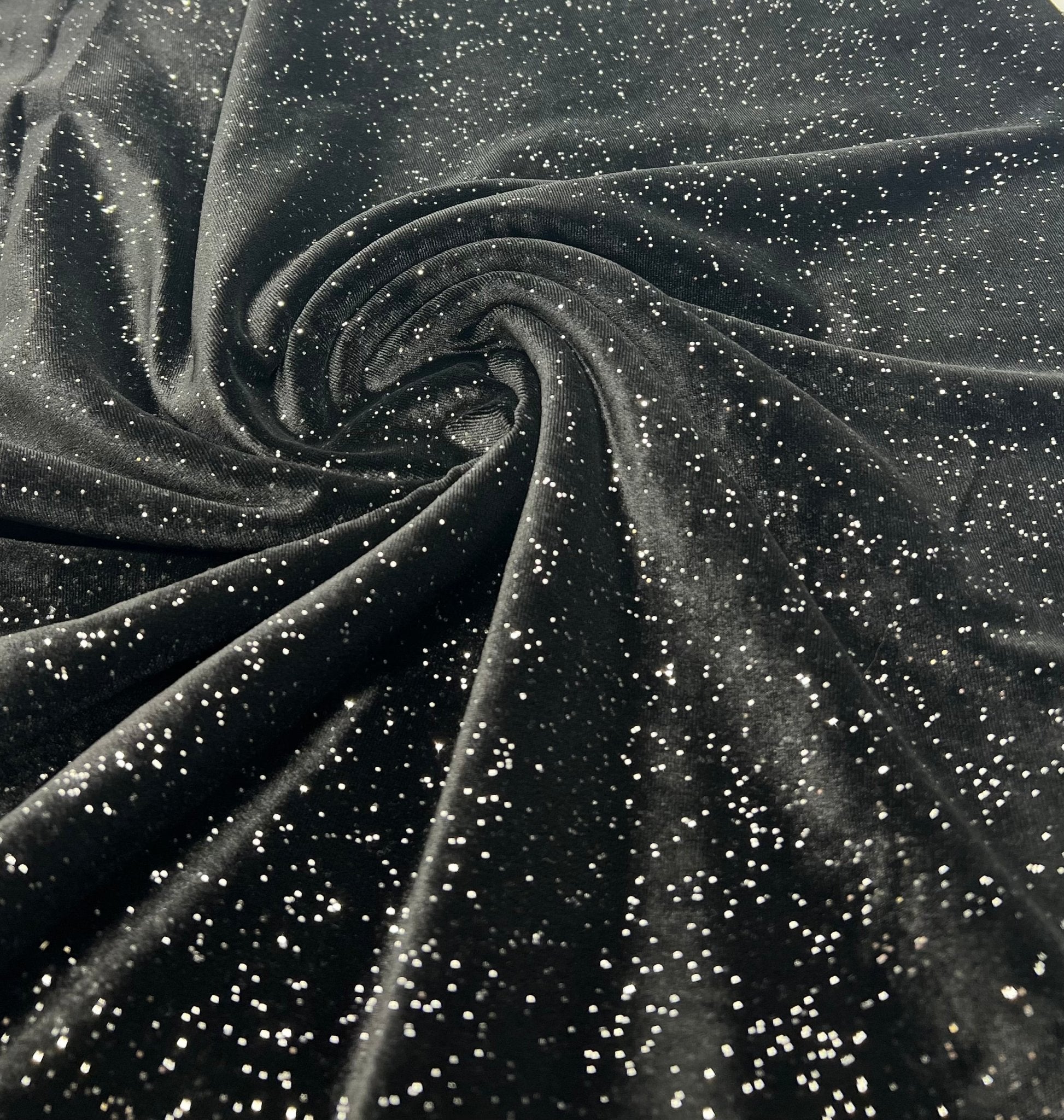 Plain Black Metallic Sparkle Glitter Velour Stretch Fabric - T9 Fabrics